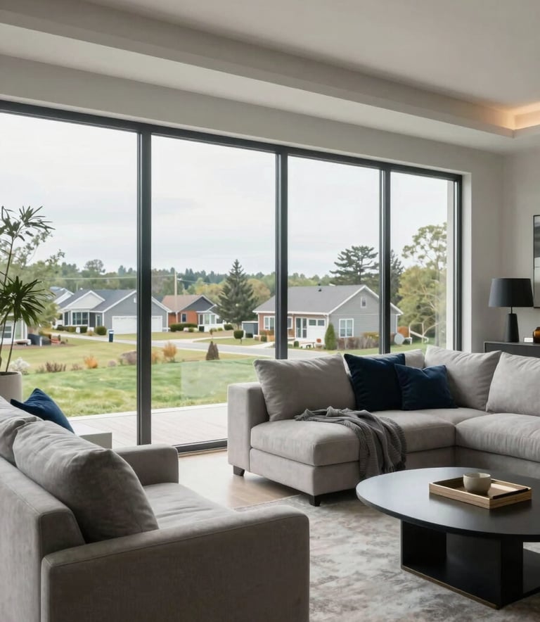 Elegant interior of a modern living room with floor-to-ceiling windows overlooking a North American suburban landscape, bright natural light, contemporary furniture in light gray and navy blue tones.