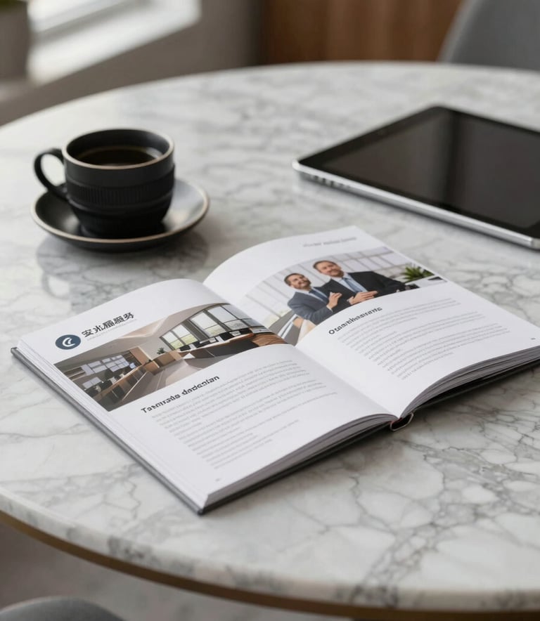 A professional real estate marketing brochure and a sleek tablet on a marble table in a North American high-end office setting, soft natural lighting.