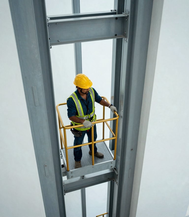 A high-angle photograph of a modern industrial elevator shaft being inspected by a professional in a South Asian / Indian commercial development, featuring clean lines, grey steel, and gold safety markings under bright, cool white lighting.