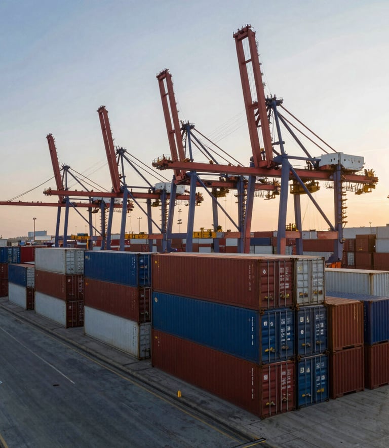 A wide-angle photography shot of large shipping containers being expertly managed at a busy South Asian cargo port at dawn, with golden sunlight catching the industrial cranes, symbolizing international trade and import-export operations.