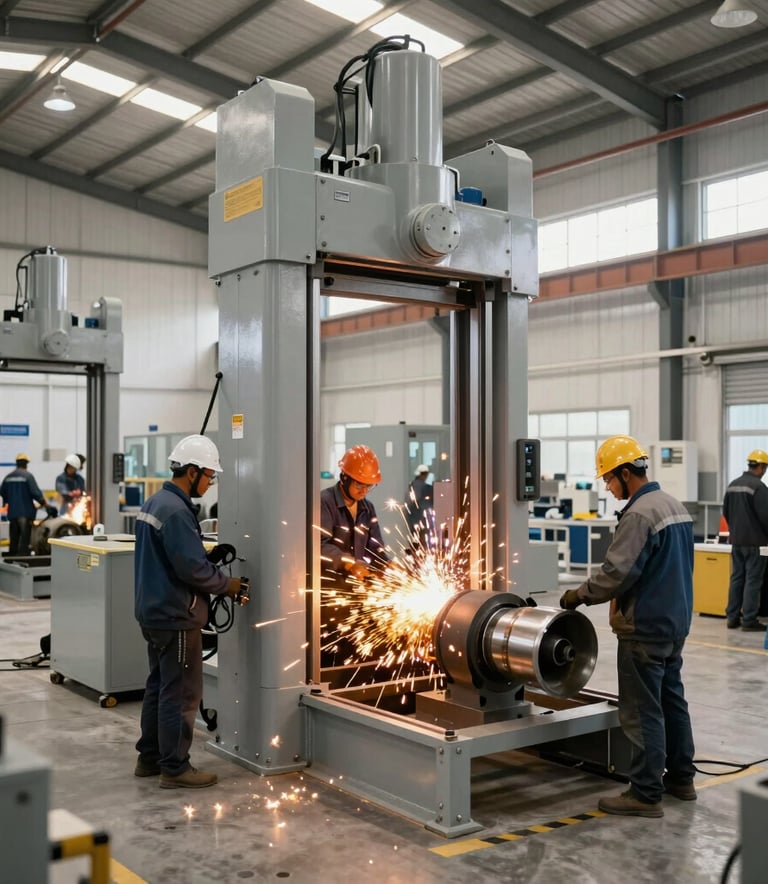 A wide-angle shot of a bright fabrication floor in India where engineers are working on heavy industrial elevator components, featuring gold sparks from welding and professional grey machinery in an off-white facility.