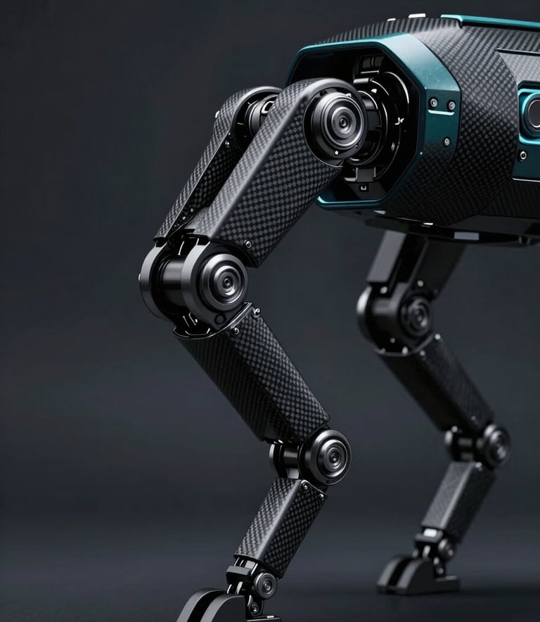 A close-up, high-detail shot of a sleek, black and teal quadruped robot's mechanical limb and joints. The lighting is cinematic and moody, highlighting the premium carbon fiber and metallic textures. Background is a dark, minimalist studio setting using #1A1A1A and #2E3A4B tones.
