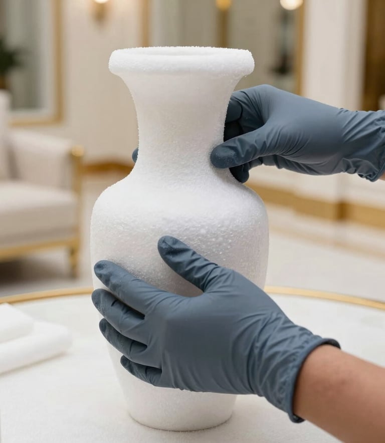 A close-up photograph of skilled hands in slate blue gloves carefully wrapping an antique vase in white protective foam. The background is a soft-focus Middle Eastern / Gulf luxury interior with off-white and gold accents.