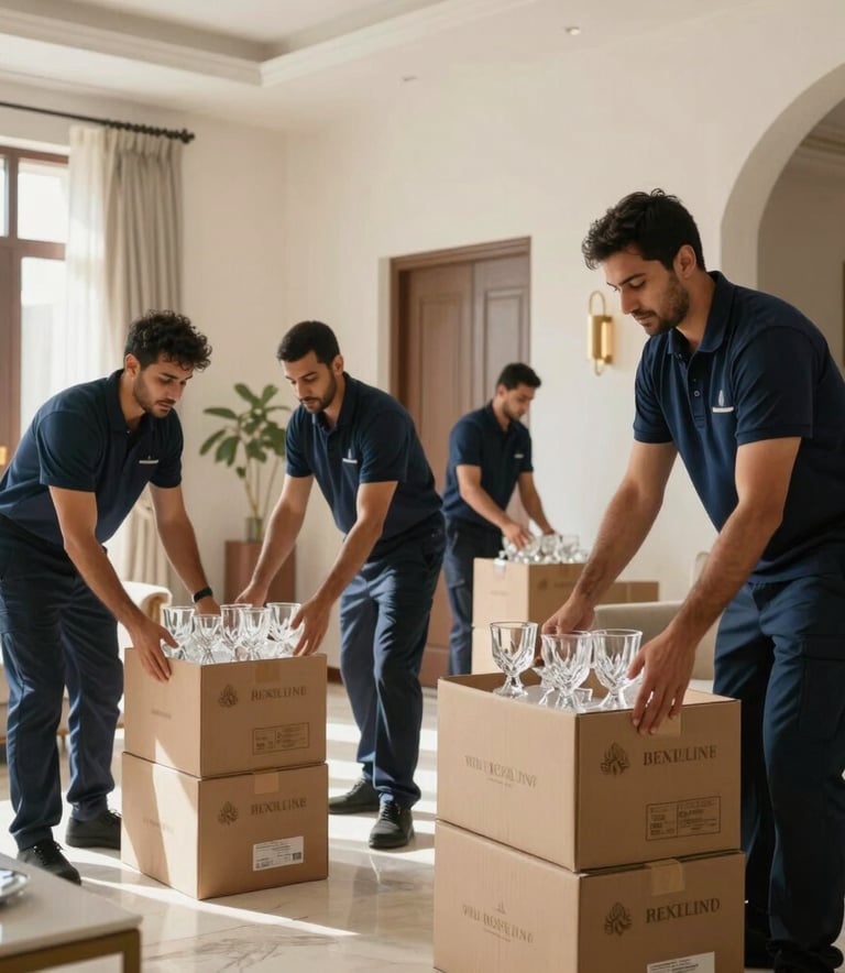 A team of professional movers in clean navy blue uniforms packing crystal glassware into boxes in a bright Middle Eastern / Gulf villa. The room features off-white walls and modern furniture. Natural morning light creates a sophisticated atmosphere.