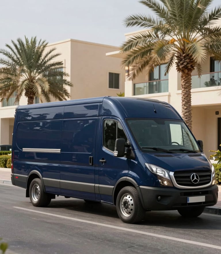A clean, modern moving truck with professional navy blue accents parked on a paved road in a sophisticated Dubai residential neighborhood. Modern Middle Eastern / Gulf architecture and palm trees are visible in the background.
