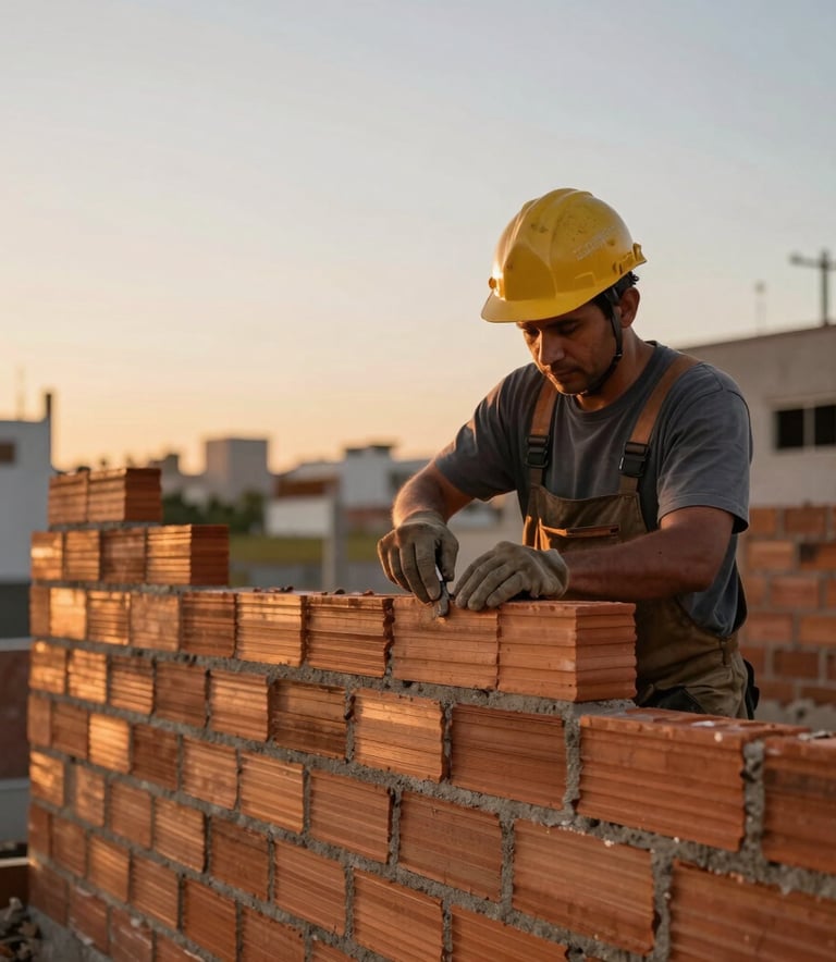 A skilled mason building a structural brick wall with expert precision during a sunset in a Brazilian urban development, warm lighting, professional atmosphere.
