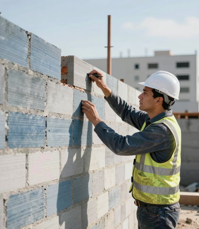 A professional construction expert inspecting the quality of a newly built brick wall. The scene is bright and airy, reflecting a South American urban development with slate blue and soft white tones in the background.