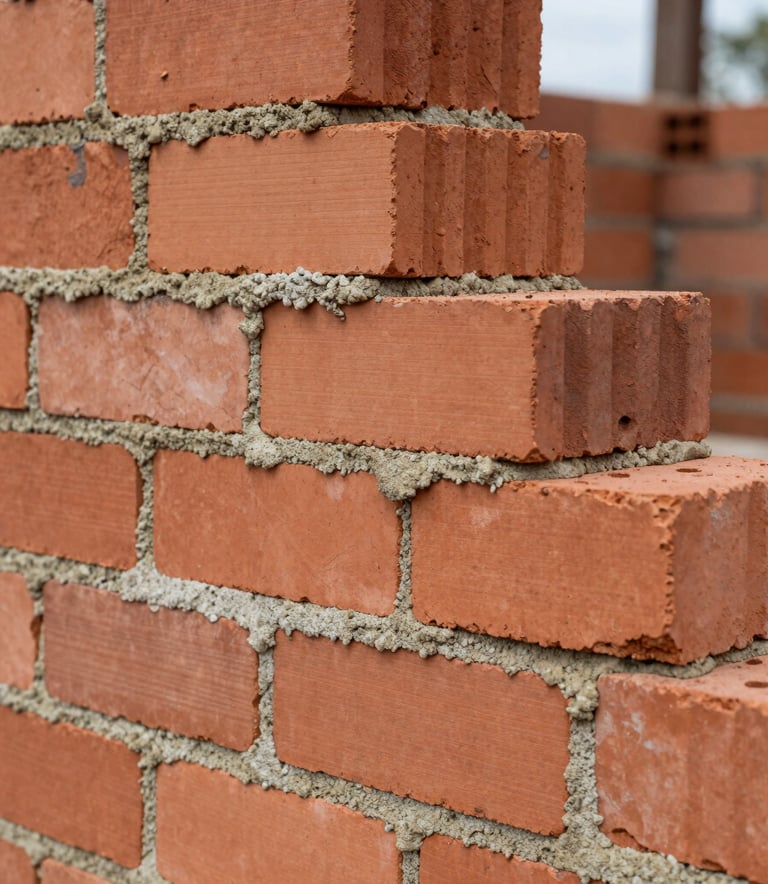 Detailed shot of high-quality red ceramic bricks and smooth mortar, demonstrating precise masonry craftsmanship in a South American construction setting, natural daylight.