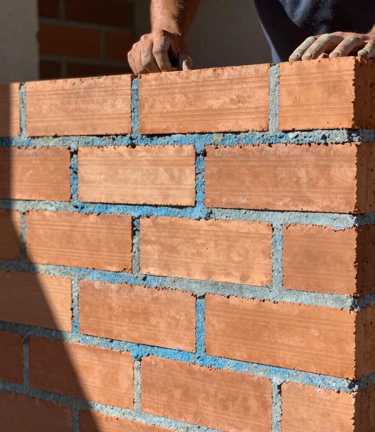 A close-up photograph of expert masonry work featuring perfectly aligned warm copper colored bricks and clean slate blue mortar joints. The lighting is crisp morning sun in a South American residential construction site, emphasizing texture and precision.