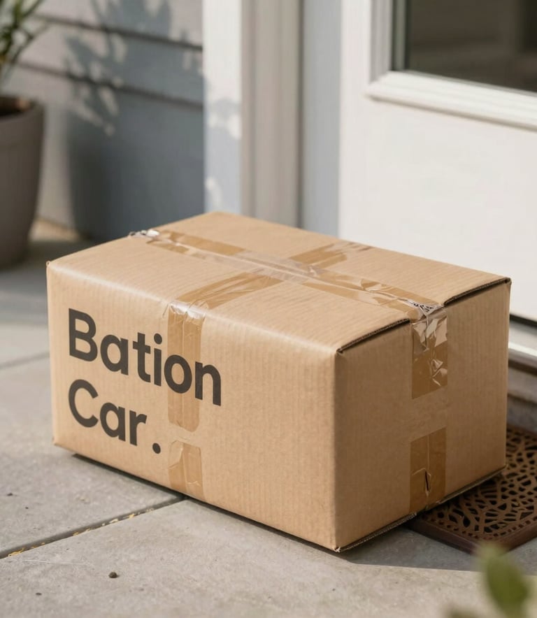 A close-up photograph of a package resting safely on a modern North American / US residential doorstep. The morning light is soft, and the scene emphasizes unwavering reliability and customer-focused care.