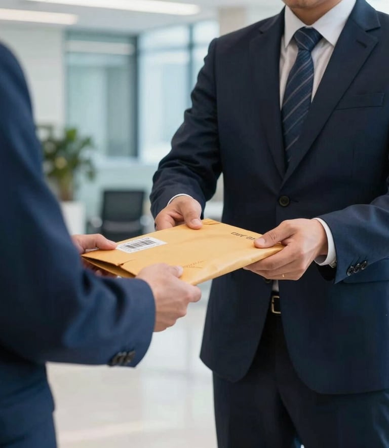 A professional North American / US corporate office lobby where a person in business attire is receiving a high-priority document envelope from a delivery professional. The lighting is bright and modern, using navy blue and ocean blue tones in the background architecture.