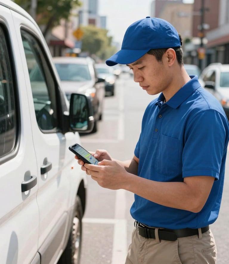 A professional courier checking a digital map on a smartphone while standing next to a delivery vehicle on a busy North American street. The scene is bright and highlights modern technology and reliability.