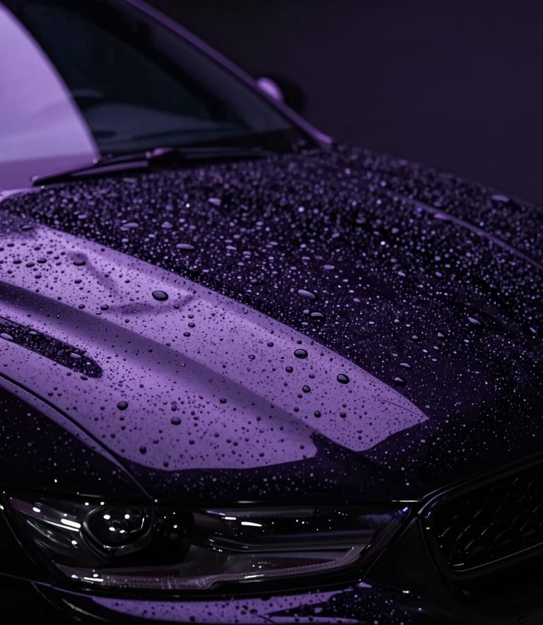 Raindrops on the hood of a sleek purple luxury car under dark cinematic lighting.