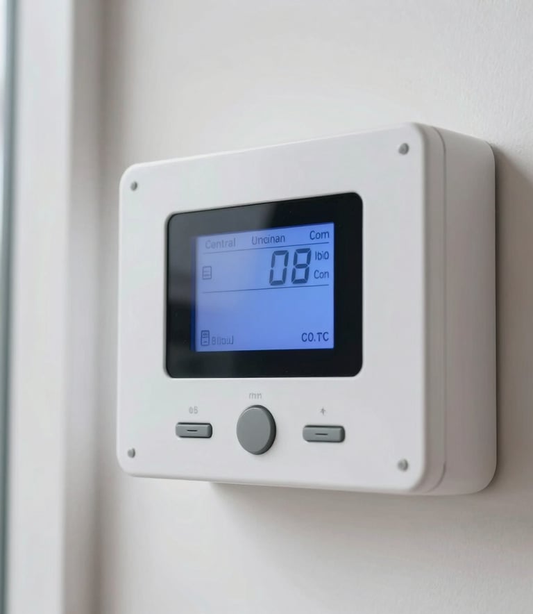 Close-up of a modern white alarm control panel with a glowing digital screen inside a bright Central American home with clean architectural lines.