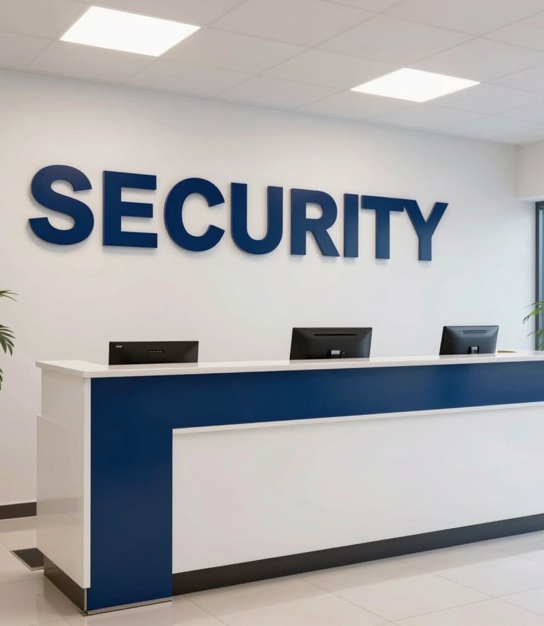 A clean and bright professional reception area of a security company in Mexico, showing navy blue branding elements and a modern, trustworthy atmosphere.