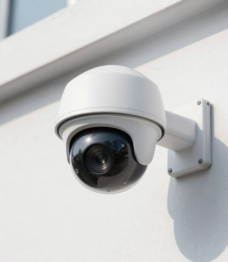 High-resolution photography of a sleek dome security camera mounted on an exterior white wall, bright daylight, professional aesthetic.