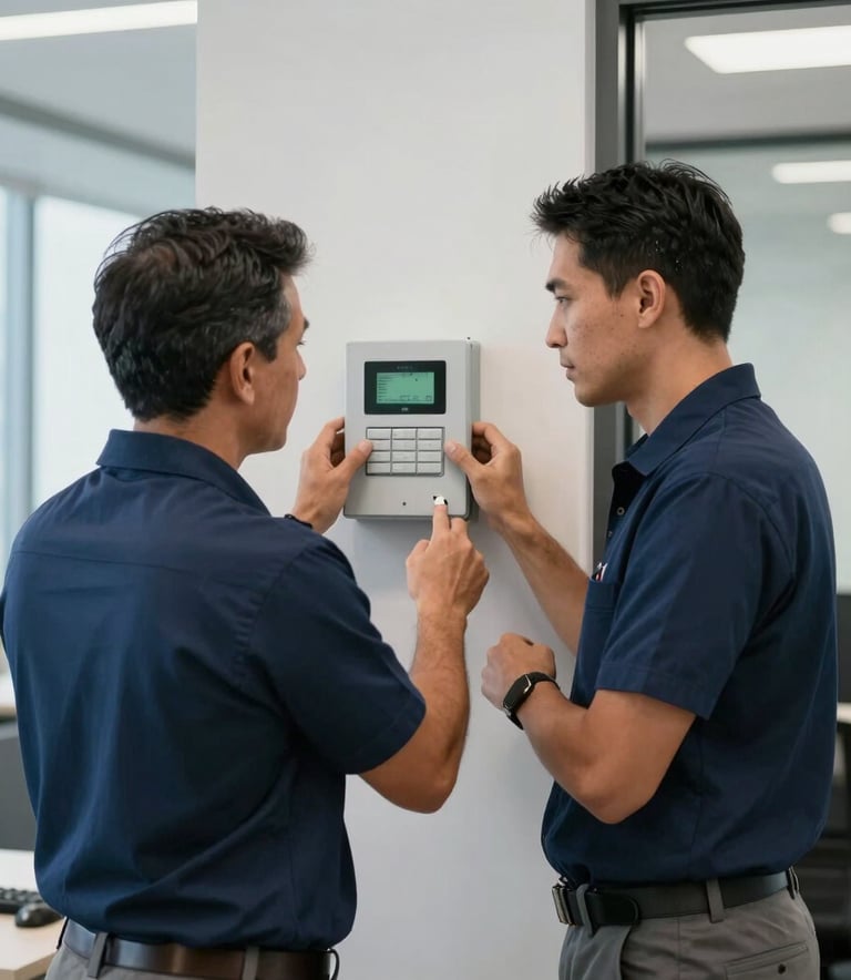 A professional technician in a dark blue uniform installing a high-tech alarm control panel in a modern Mexican corporate office, focused lighting, clean and professional setting.