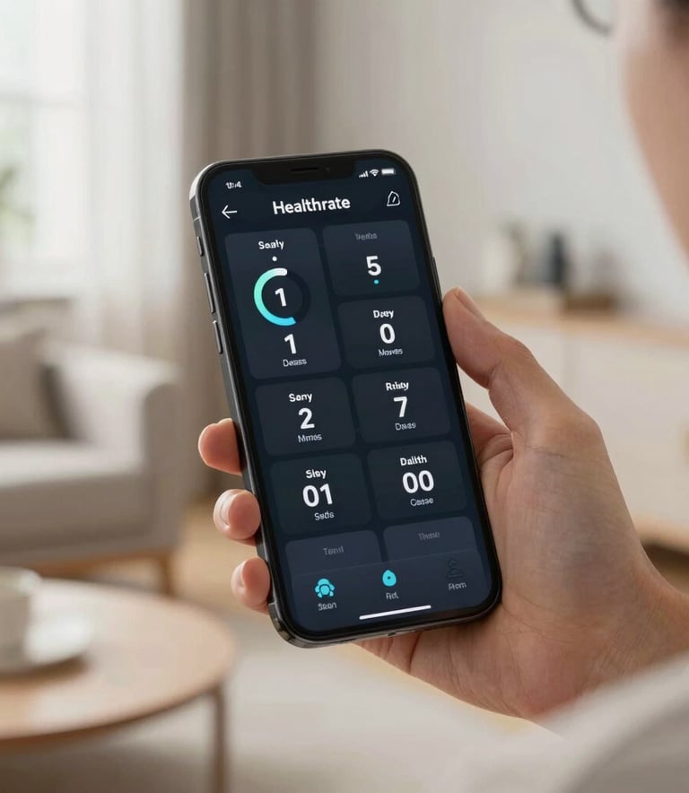 A high-tech health dashboard displayed on a modern smartphone, showing unified physical and mental health metrics, held by a person in a bright, airy North American home environment.