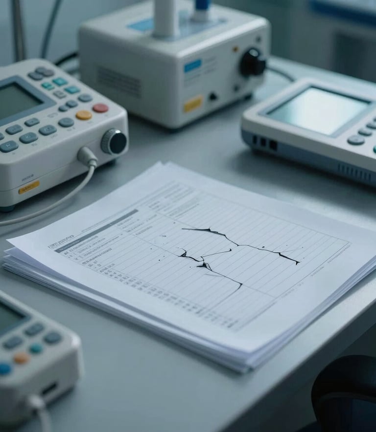 A close-up of several disconnected medical devices and paper reports on a dark desk, representing fragmented data, in a moody North American clinical setting with cool steel blue lighting.