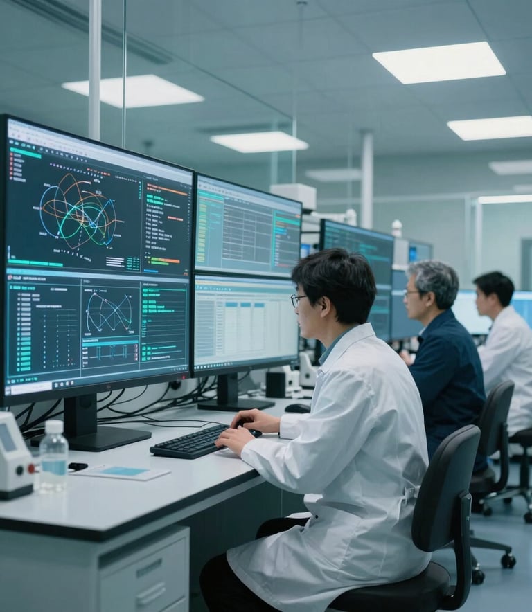 A high-tech research and development laboratory in North America with clean glass surfaces and soft teal lighting. Professional scientists in modern, sophisticated tech-wear are collaborating near large, translucent digital displays showing complex data visualizations. The atmosphere is innovative and professional.