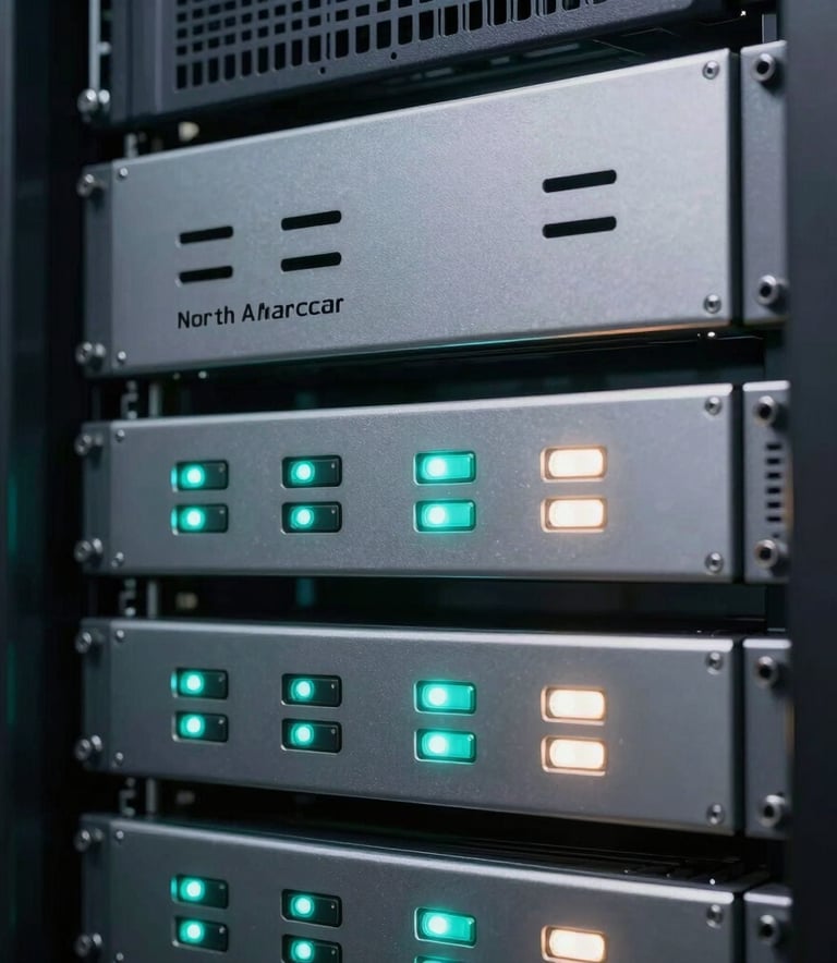 Close-up photography of high-performance secure server racks in a North American data center. Sleek metallic surfaces and soft status lights in teal and soft white emphasize sophisticated technology, security, and the reliability of a modern cloud infrastructure.