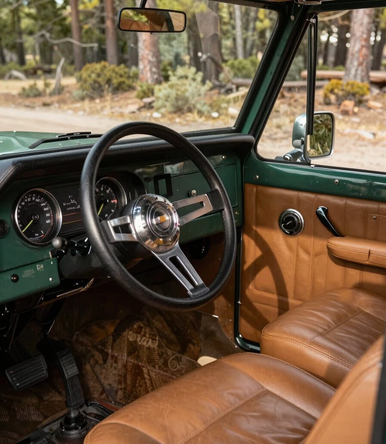 Close-up of a vintage Bronco interior featuring leather tan seats and a dark forest green metal dashboard, parked in a sun-drenched North American / US woodland.