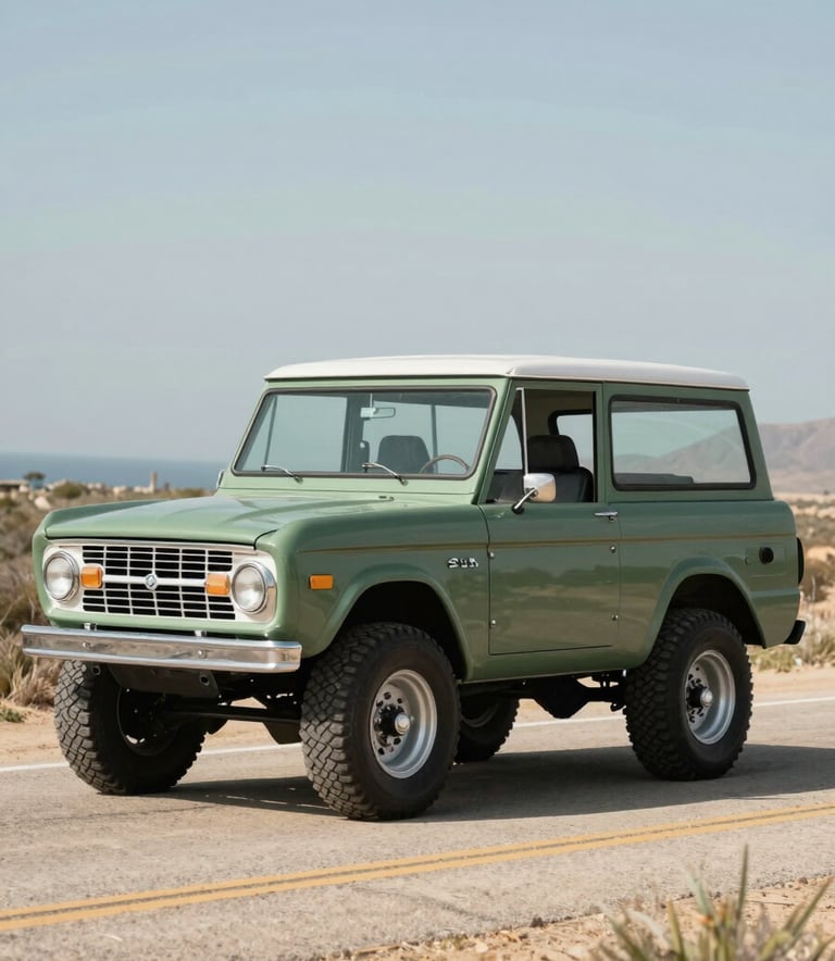 A profile shot of a 1966 Ford Bronco in sage green cruising along a dusty North American / US coastal highway, natural daylight, vintage cinematic style.