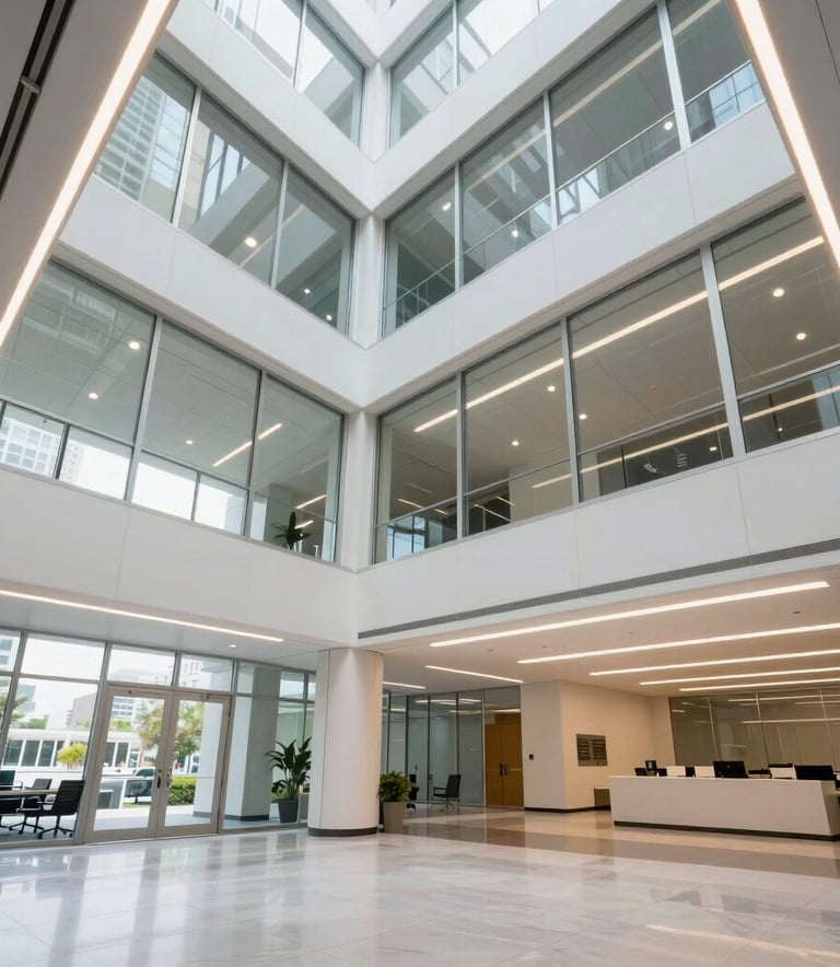 A professional wide-angle shot of a bright North American / US office building interior with modern designer lighting installations, showcasing clean and expert electrical work, daytime bright light.