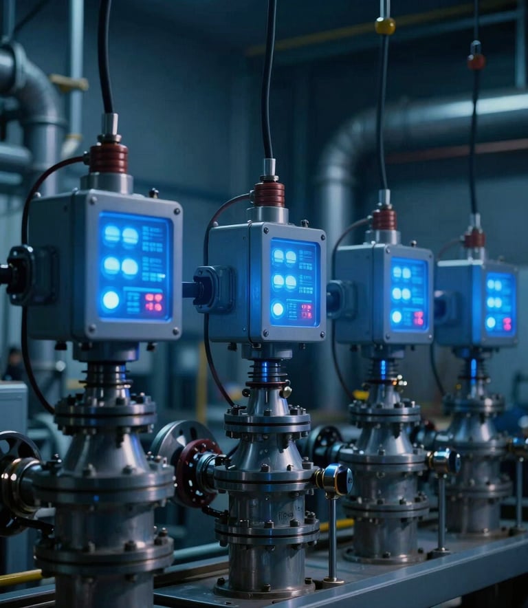 Cinematic photography of an industrial energy system with glowing electric blue indicators. The background is a dark blue technical environment, suggesting power flow and modern high-voltage engineering. North American industrial aesthetic.
