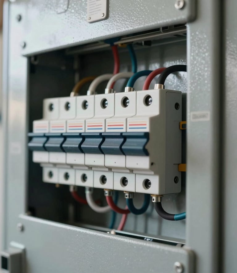 A detailed close-up photograph of a modern residential electrical panel with neat wiring and circuit breakers, sharp focus, technical style, in a North American / US garage setting, lighting highlights the metallic textures.