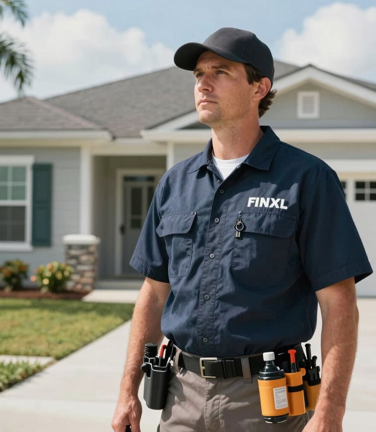 Photography of a professional technician in a clean, branded uniform standing in front of a modern North American home in Orlando, Florida. The lighting is bright and crisp, highlighting the technician's gear and the safety-focused, reliable presence of the expert.