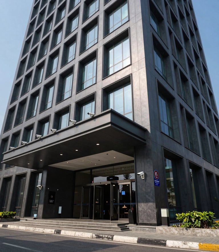 The sleek exterior of a modern Kerala corporate building featuring integrated security cameras and a professional entrance, steel blue sky in the background, high-end architectural photography.