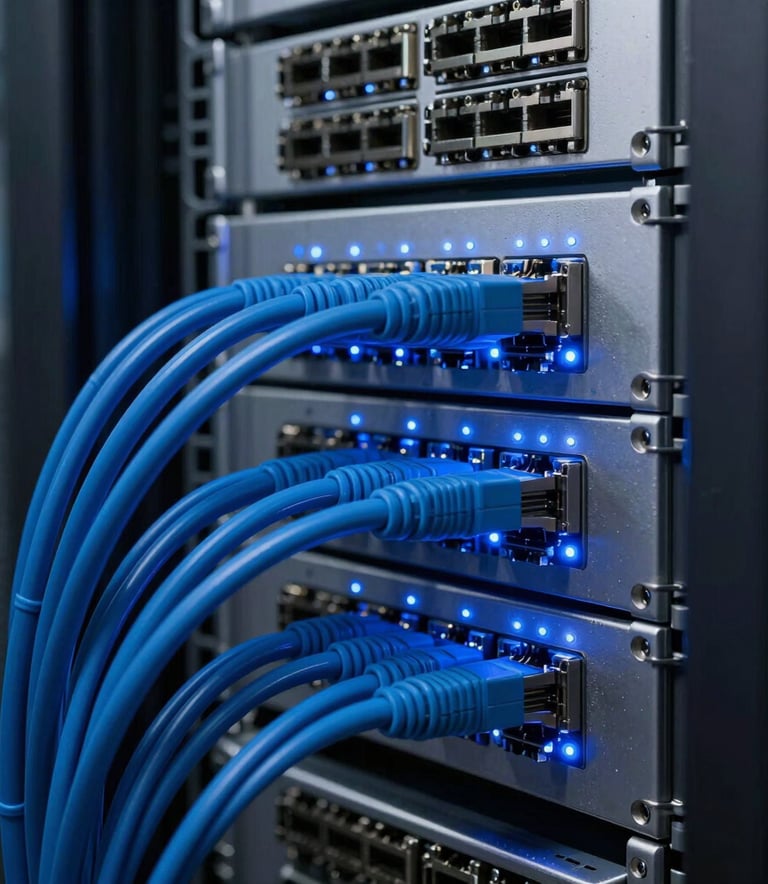 A detailed close-up of a professional server rack with structured blue networking cables and glowing blue LED indicator lights in a clean, high-tech environment.
