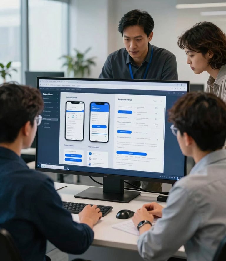 A collaborative team of tech professionals in a modern North American office setting, working together on a large touchscreen displaying mobile app wireframes. The lighting is bright and professional, with a color palette of dark blue and pale blue reflecting a sense of innovation and clarity.