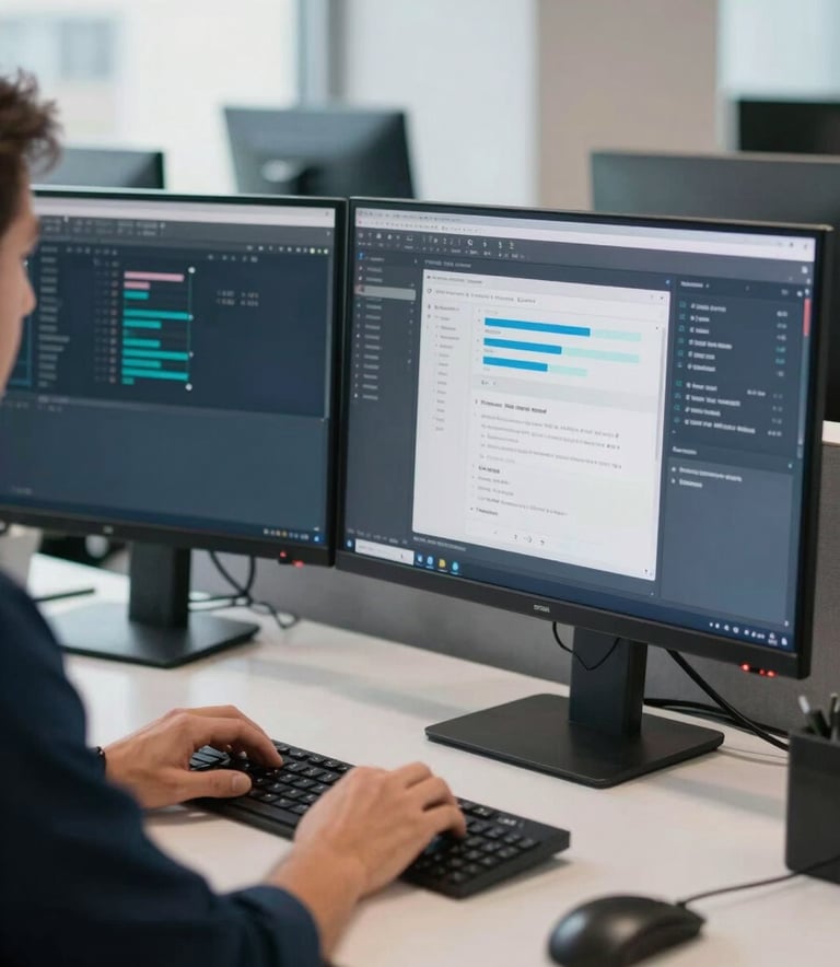A close-up of a professional developer in a bright North American / US tech office, working on an interface design displayed on two sleek monitors. The room is filled with soft, natural light, highlighting clean modern lines and accents of deep blue and steel blue on the office furniture.