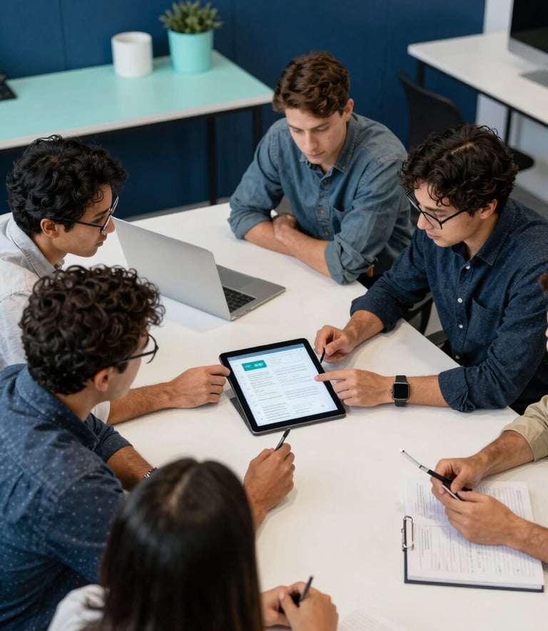 An overhead shot of a collaborative team meeting in a North American / US design studio. The team is reviewing app wireframes on a tablet. The color palette of the room features sophisticated deep blue wall panels and pale aqua stationery.