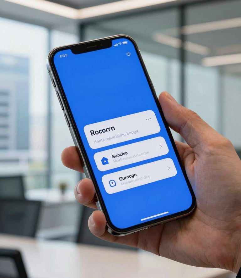 A close-up photograph of a sleek, high-end smartphone displaying a sophisticated mobile app interface with a vibrant blue color scheme, held by a professional in a bright, modern North American urban office with glass walls.