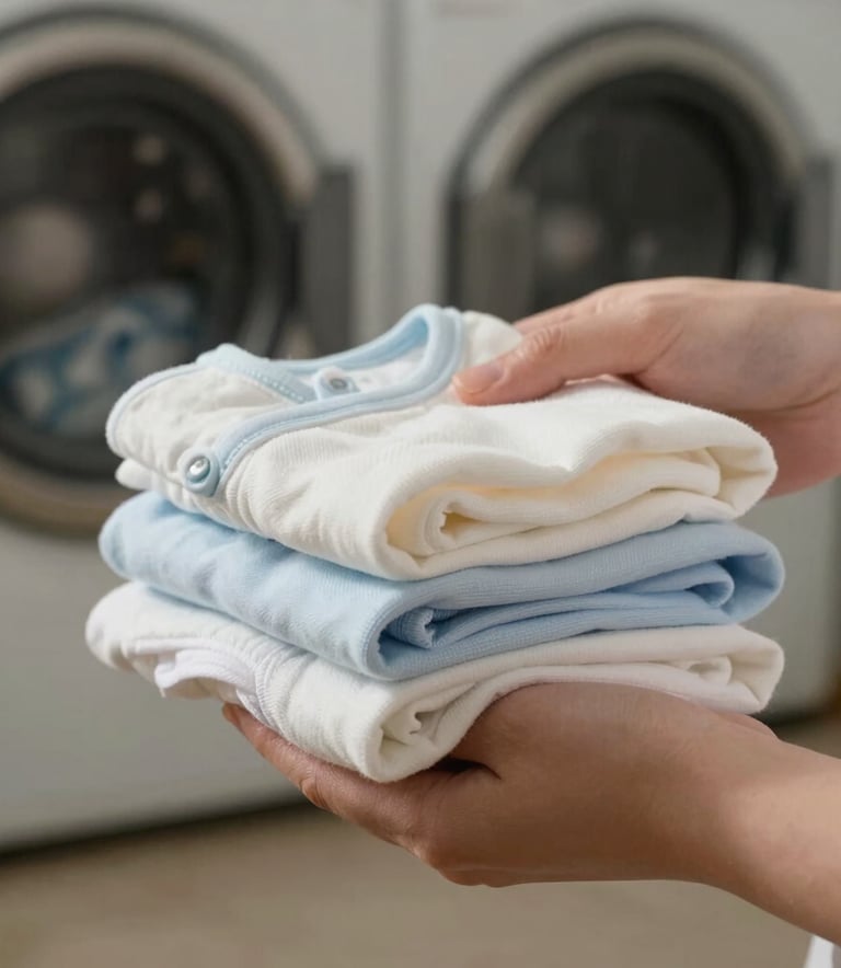 Close-up of soft, clean cotton baby clothes being carefully folded, North American / US laundry room background, soft morning light, light blue and off-white color palette.