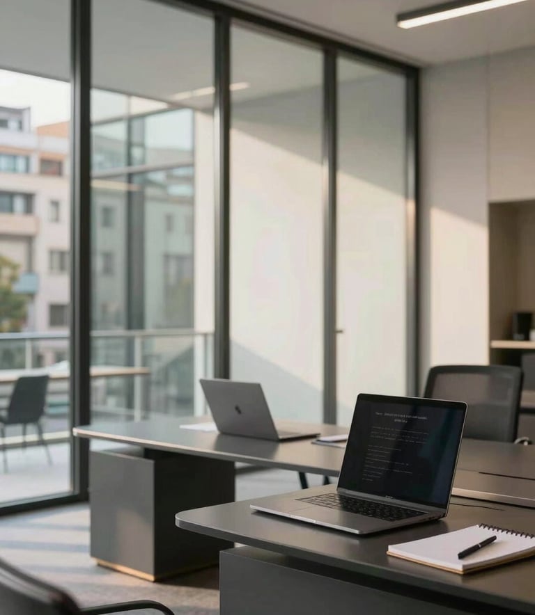 A high-quality professional photograph of a modern glass-walled office in a Spanish / Iberian city. The scene features a clean workspace with a laptop, a notebook, and soft afternoon light. The color palette includes slate gray and charcoal black furniture with soft off-white walls.