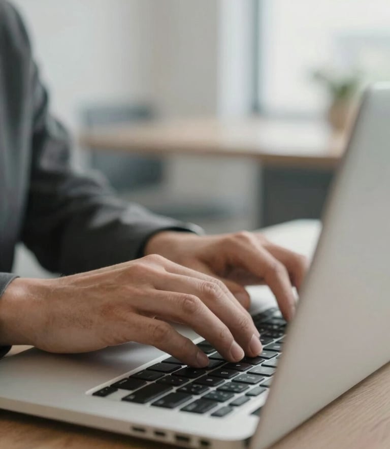 A close-up of professional hands working on a laptop in a bright Spanish / Iberian modern office, soft lighting, charcoal gray and off-white tones.