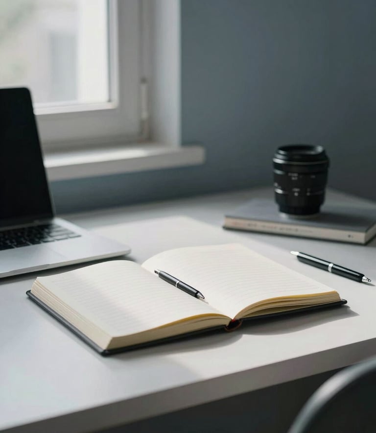 A clean and minimalist Spanish / Iberian workspace with a desk, notebook, and soft natural light from a window, muted blue-gray palette.