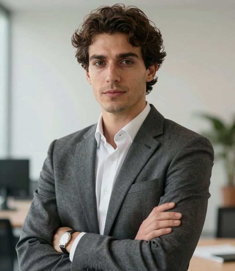 A professional portrait of a person in smart business attire, looking confident and approachable in a Spanish / Iberian modern office setting. The background is slightly blurred showing a bright, soft off-white interior with muted sky gray accents.
