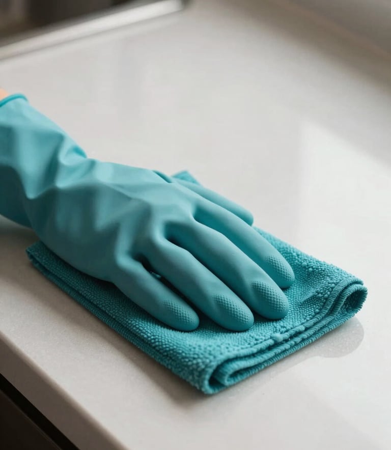 A close-up shot of a polished soft off-white kitchen countertop. A pair of cleaning gloves and a deep teal cloth are visible, symbolizing thorough work.