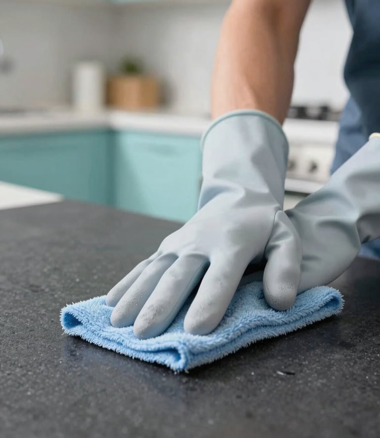 A professional cleaner's hands wearing light grayish blue gloves, meticulously wiping a dark charcoal countertop in a bright, modern kitchen. Soft teal accents are visible in the background, creating a fresh and organized aesthetic.