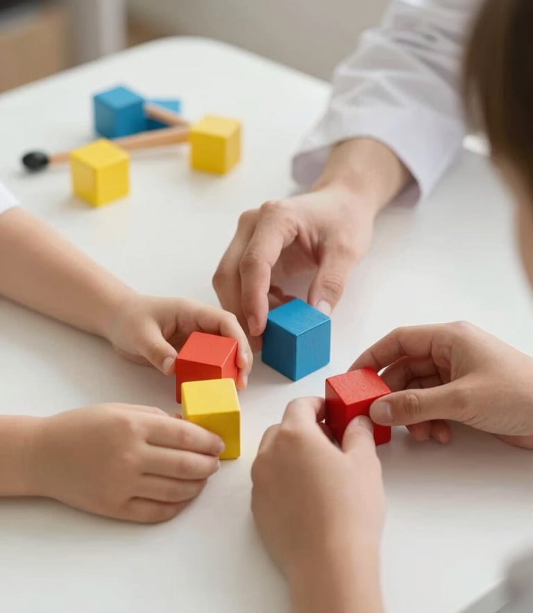 A close-up photograph of a therapist's hands and a child's hands working together with colorful wooden blocks on a clean white table. The lighting is soft and natural. Accents of sunshine yellow and ocean blue are visible in the background therapy tools.