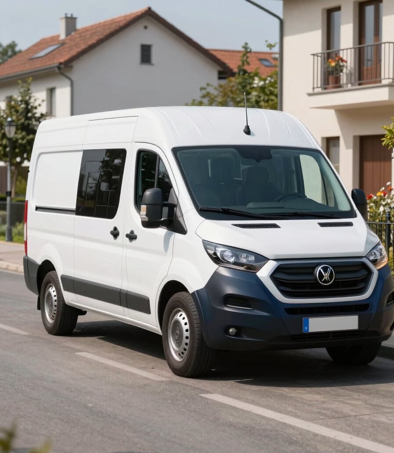 Photography of a modern white and dark blue service van equipped for professional pipe cleaning, parked on a clean Central European residential street. Bright daylight, professional and clean aesthetic.