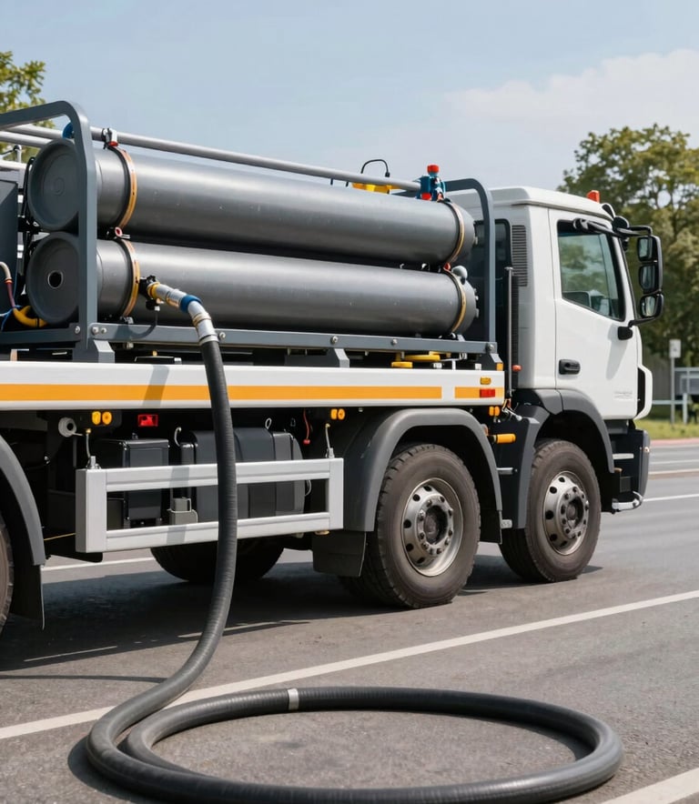 Industrial high-pressure flushing vehicle parked on a clean German street, focus on the specialized cleaning equipment and hoses, bright daylight.