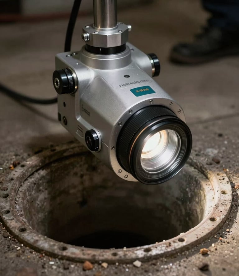 Close-up of a high-tech sewer camera being inserted into a pipe for inspection, technical lighting, Central European basement setting, professional atmosphere.