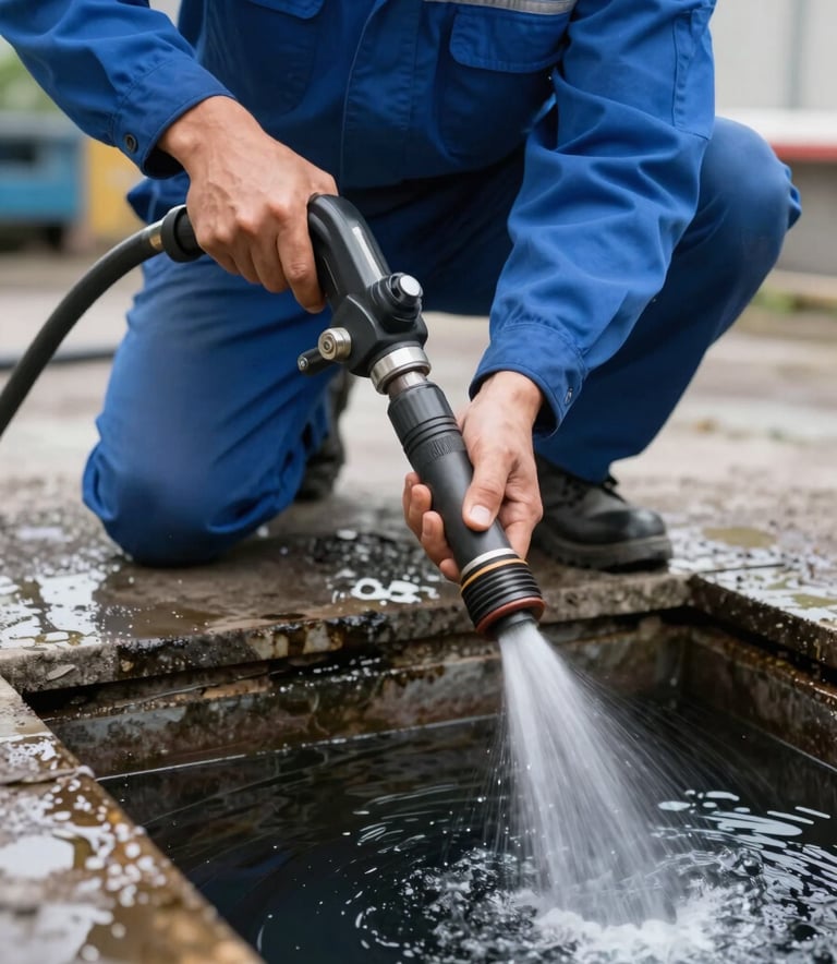 Close-up photography of a professional technician in steel blue workwear operating a high-pressure water jet system for sewer cleaning. Central European setting, sharp focus, professional lighting, reflecting reliability.