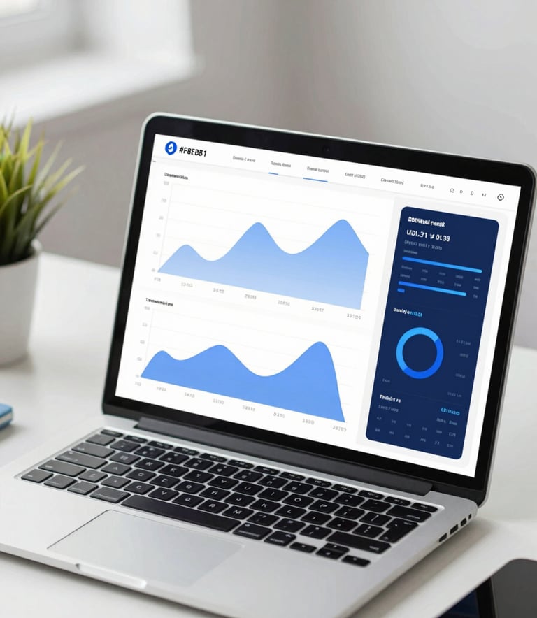 A professional workspace with a clean laptop screen showing abstract data visualization charts. The lighting is natural and bright. The color scheme uses #F8F8F8 for the environment with #0D1B2A and #1A3E6F in the digital graphs, conveying a sense of expert research.